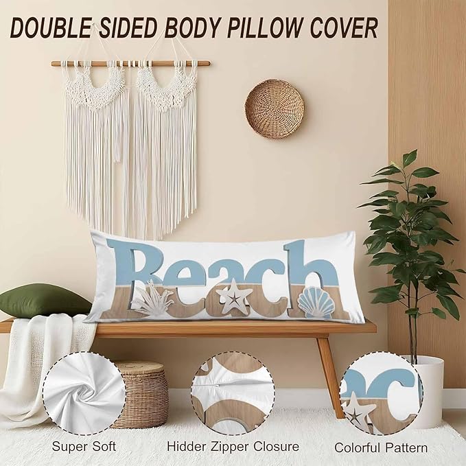 Beach Body Pillow Cover, Decorative Body Pillow Covers Ocean Starfish Seashells Pillow Cushion Case Zipper Body Pillowcase Soft Cushion Cover for Bedding,Couch,Home 20"X54"