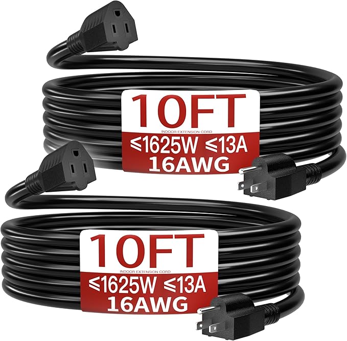 16/3 Short Extension Cord 10 FT 2 Pack, Black Extension Cord Flexible & Durable, Indoor 3 Prong Power Cable, Suitable for Home and Office, 13 Amp 1625 Watt 125VAC 16AWG, ETL Listed