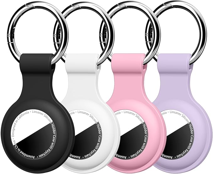 Linsaner [4 Pack] Holder for AirTag 2nd Gen (2026) & 1st Gen, Silicone Case Keychain Key Ring, Protective Cover for Apple for Air Tags, GPS Finder Accessories, Black/White/Pink/Purple