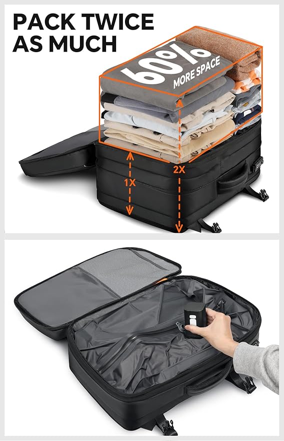 Vacuum Backpack Travel, 70L Expandable Carry On Backpack With Compression System, 2 Detachable TPU Vacuum Bags, TSA Lock, Water-Resistant, Fits 16" Laptop for Business & Travel