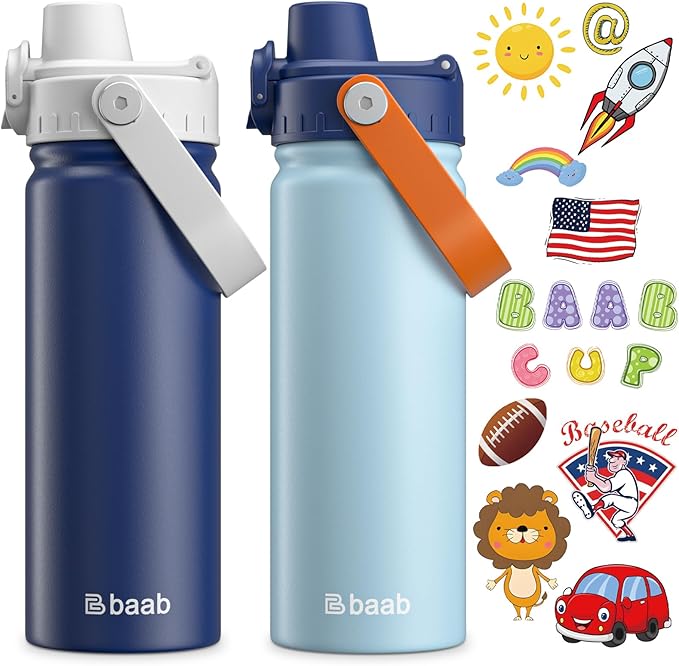 baab 18oz Kids Water Bottle, Insulated Kids Water Bottle with Lockable Spout Lid & Stickers, 18/8 Stainless Steel Vacuum Leakproof Kid Water Cup for Boy Girl & School (Navy Blue+Grey, 2 Pack)