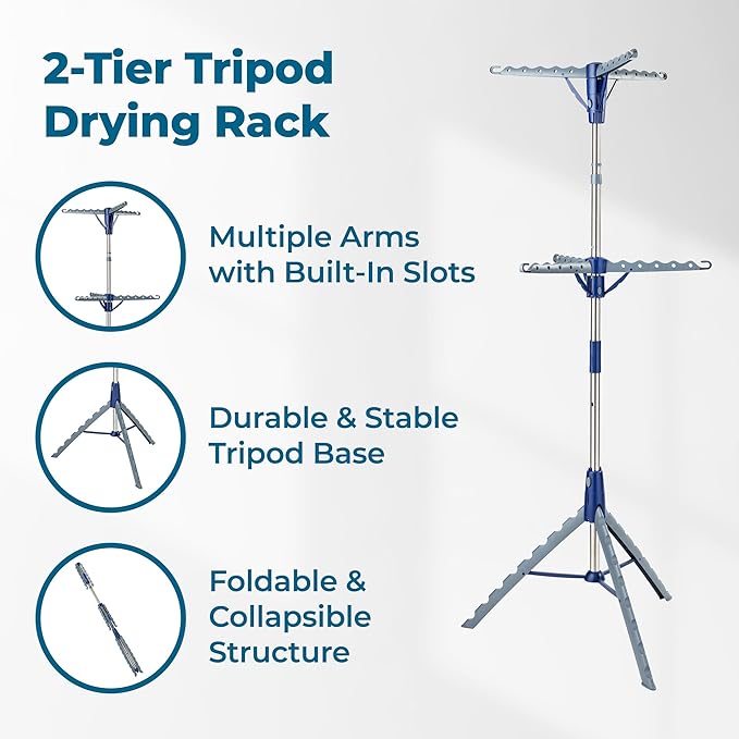 Honey-Can-Do 2-Tier 73-Inch Collapsible Tripod Drying Rack, Heavy Duty Chrome Steel Laundry Stand, Holds 30 Garments, Portable Foldable Indoor Outdoor Clothes Drying Rack