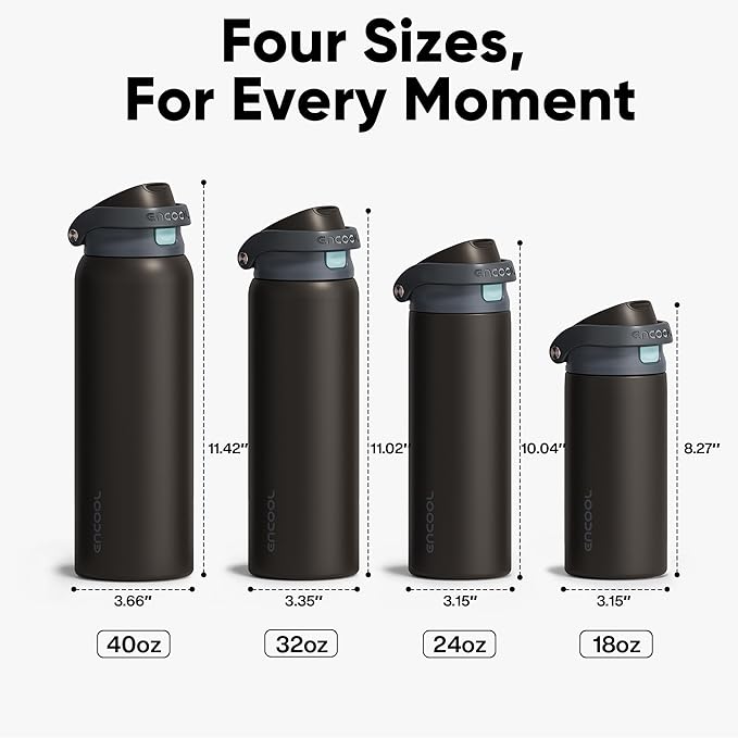 ENCOOL Leakproof Insulated Water Bottle with Straw Dual-Sip Water Bottle Bag-Safe Design for Work, Commute & Gym – Keeps Drinks Cold All Day, 18 oz, Charcoal Gray