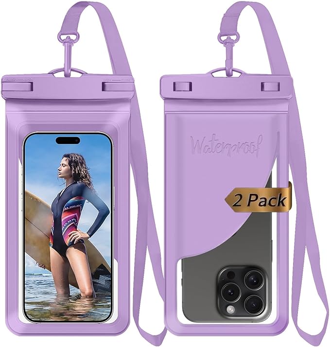 Waterproof Phone Pouch, with Interior Card Pocket, Large Waterproof Phone Case for iPhone 17 16 15 14 Pro Max, IPX8 Lightweight Cellphone Dry Bag, Beach Cruise Ship Essential,2 Pc-Purple-8.3″