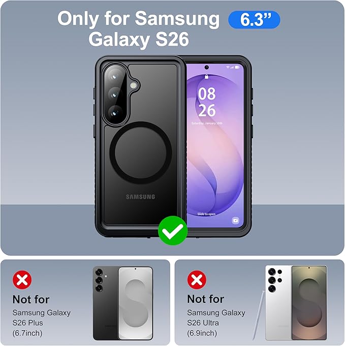 ANTSHARE for Samsung Galaxy S26 Case Waterproof, Built-in Lens & Screen Protector, [Compatible with MagSafe] Shockproof Dropproof Translucent Matte Full Body Phone Case for S26 6.3"- Black