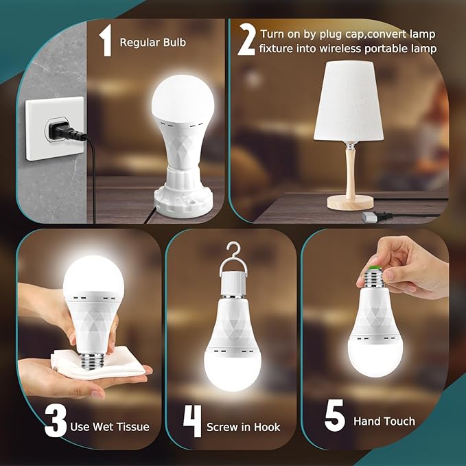Rechargeable Emergency Light Bulbs, Battery Powered LED Light Bulb 6000K Daylight E26 12W 60W Equivalent with 1500mAh for Home Power Outage Camping Hiking(4 Bulbs, 4 Hooks,2 Plug Caps)