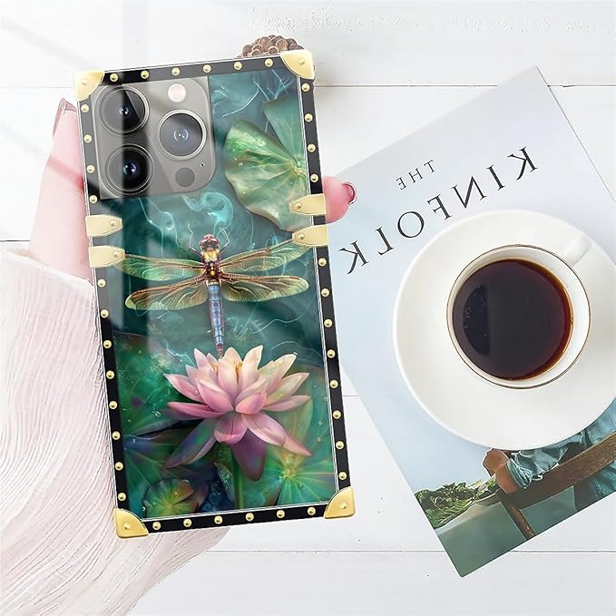 Compatible with iPhone 13 Pro Case, Colourful Dragonfly Pink Lily Pads Luxury Golden Decoration for Girl Women Soft TPU Shockproof Protective Hard PC Back for iPhone 13 Pro