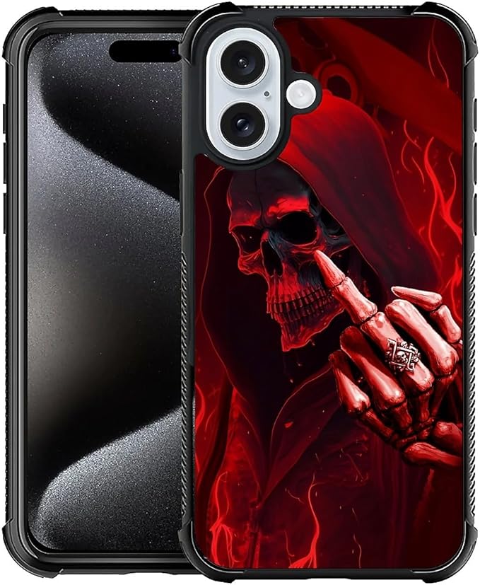 for iPhone 16 Case, Gestures Funny Skull Pattern Graphic Design Girl Boy Soft Silicone Hard Acrylic Shock Protection for iPhone 16