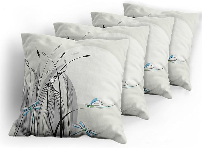 Ambesonne Dragonfly Decorative Throw Pillow Case Pack of 4, Dragonflies on Flowers and Branches Flourishing Nature Spring Time Predator, Cushion Cover for Couch Living Room Car, 20", Beige Charcoal