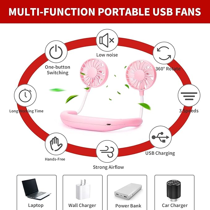 Portable Neck Fan Rechargeable Personal Hand-Free Fan Mini USB Wearable Neckband Sport Fan, 3 Speed Adjustable, 360 Degrees Free Rotation Perfect for Working, Traveling, Office, Reading (Pink)