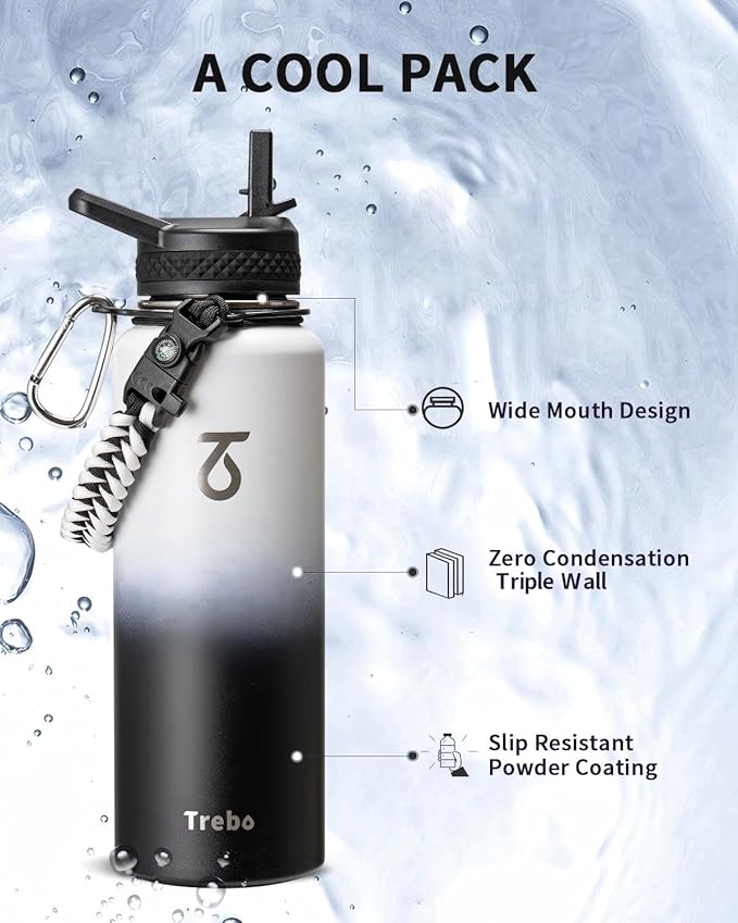 Trebo Water Bottle 40oz with Paracord Handle, Half Gallon Large Vacuum Triple Wall Stainless Steel Insulated Water Jug with Holder Strap Straw Spout Lids, Leakproof Keep Cold & Hot,Black and white