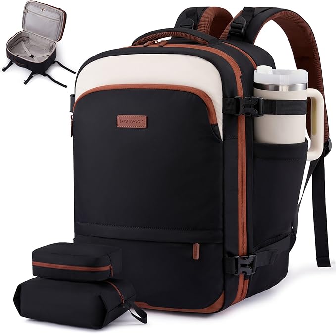 LOVEVOOK Carry On Backpack for Women & Men, Travel Backpack Carry On Flight Approved, 55L Personal Item Travel Bag, Business Weekender Overnight with Cup Holder & 2 Cubes, 18 Inch Black-beige-brown