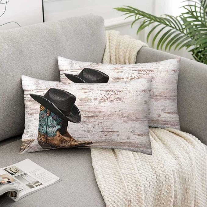 Western Cowboy Embroidered Boots Hat 12 X 20 Throw Pillow Covers Set of 2 American West Rodeo ATOP Fashion Leather Cushion Pillow Cases Outdoor Decorative Home Bed Sofa Couch Office