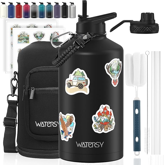 1 Gallon Water Bottle Insulated(Cold for 48 Hrs),BPA Free&Leak Proof,128oz Stainless Steel Water Jug,Large Water Bottle with Straw Spout Lids for Gym,Hiking,Camping&Travel,Black