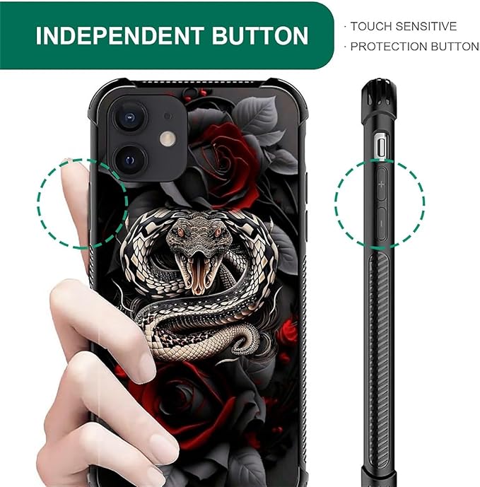 for iPhone 12 Mini Case, Entwined Rose Snake Pattern Graphic Design Girl Boy Soft Silicone Hard Acrylic Shock Protection for iPhone 12 Mini