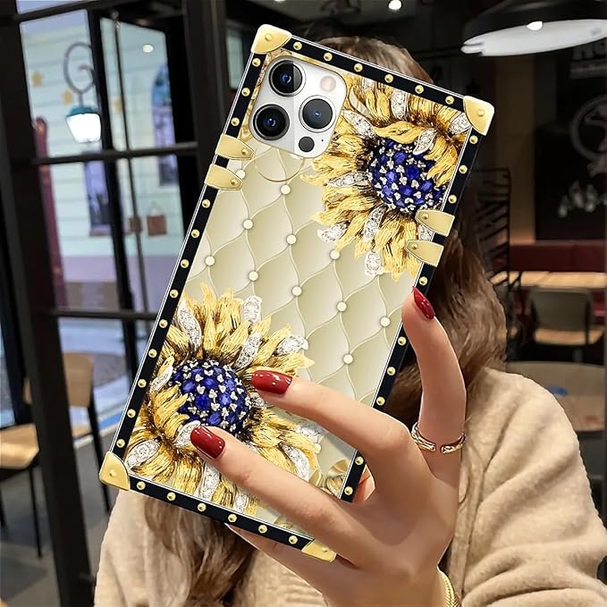 Compatible with iPhone 12 12 Pro Case, Sunflower Diamonds Leather Luxury Golden Decoration for Girl Women Soft TPU Shockproof Protective Hard PC Back for iPhone 12 12 Pro