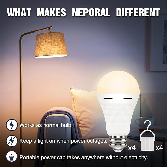Neporal A19 Rechargeable Light Bulbs, Socket Rechargeable Emergency Light Bulb for Power Failure, 1200mAh Battery Backup Light Bulbs for Home, Hurricane, Led Bulb 60 Watt Equiv. (Soft WHITE-6PK)