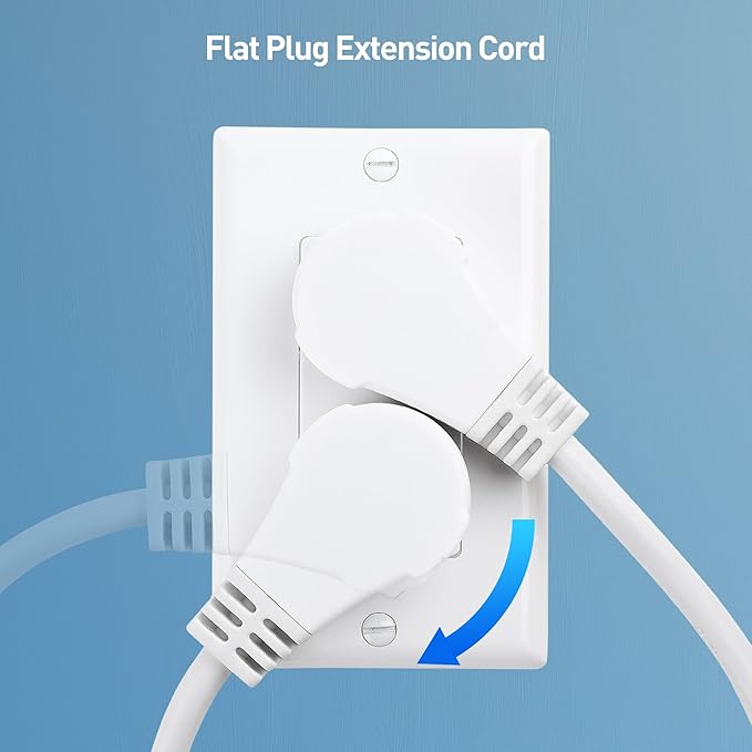 [ETL Listed] Cable Matters 2-Pack 16 AWG 360° Rotating Flat Plug Extension Cord - 10ft, 13A/1625W, Low Profile 3 Prong Power Extension Cords, NEMA 5-15P to NEMA 5-15R, White
