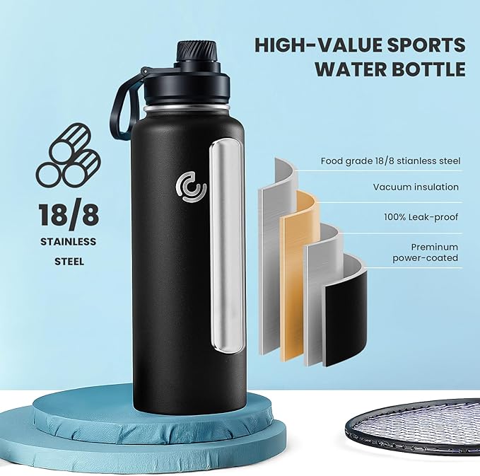 Sports Water Bottle 40oz, Insulated Water Bottle with Handle,Stainless Steel,Simple Modern,Suitable for Travel, School, Boy, Girl(Black)