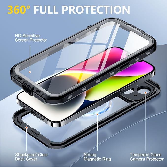 Red2Fire for iPhone 14 Case Waterproof, [Built-in Screen Protector & Camera Protector][Compatible with MagSafe][Full Body Shockproof][IP68 Waterproof][Dustproof] Phone Case 6.1" Black/Clear