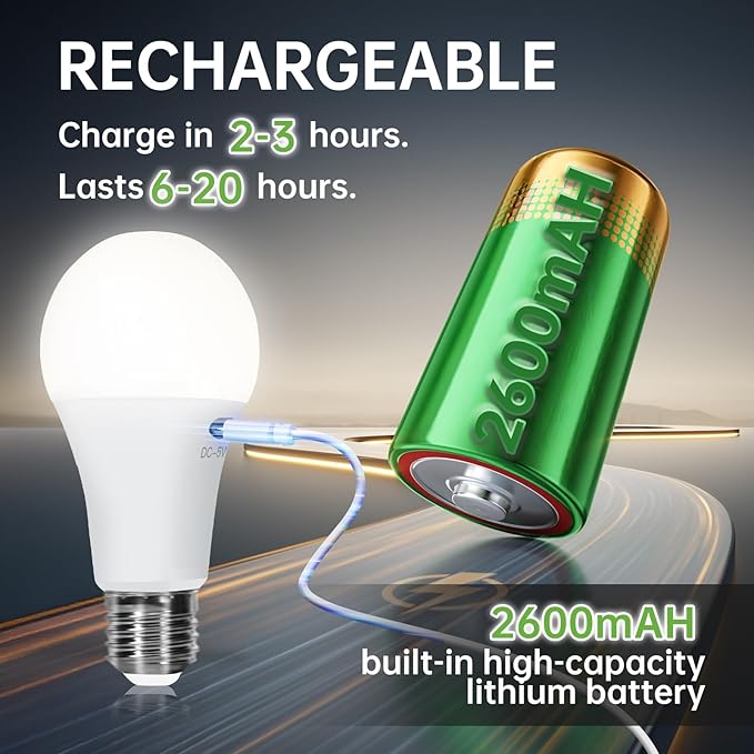 2 Pack Rechargeable Light Bulbs, Battery Operated Light Bulbs with Remote, Keep Lighting During Power Outage, 2600mAh A19 Emergency Wireless Battery Light Bulb with 3 Colors, Dimmable, Timer for Home