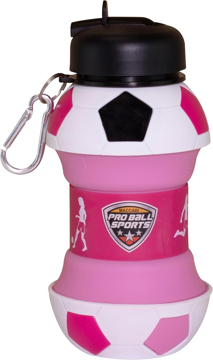 Maccabi Art Clip-On Collapsible BPA-Free Silicone Pink Soccer Ball Water Bottle for Kids, 18 Oz. Size
