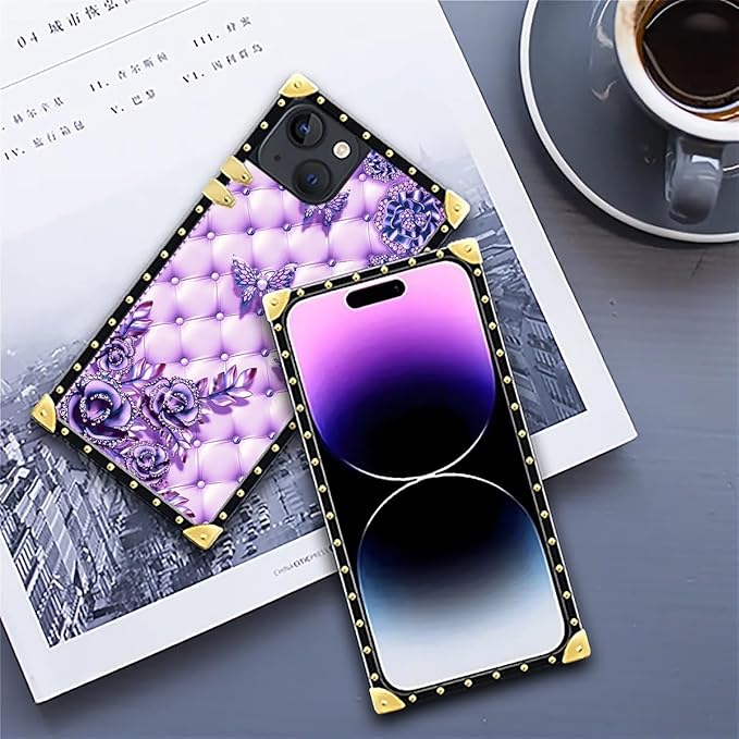 Compatible with iPhone 14 Case, Purple Butterfly Flowers Leaf Luxury Golden Decoration for Girl Women Soft TPU Shockproof Protective Hard PC Back for iPhone 14