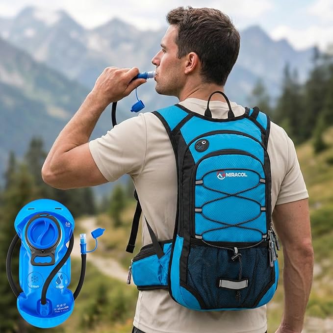 Miracol Hiking Hydration Backpack with Bladder: 2L Water Reservoir for 8H Hydration - Insulated Keep Water Cold 4 Hours - Adjustable Straps Comfortable for Day Hiking/Cycling/Half Marathon (Blue)