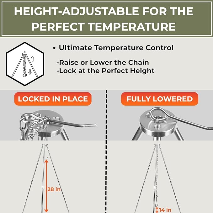 Tactiko Survival 33" Camping Tripod for Cooking - Stainless Steel Folding Stand, Adjustable Chain – Compact, Lightweight Outdoor Gear for Hanging Kettles, Pots & Percolators