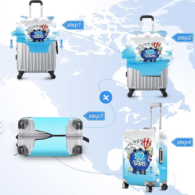 ANNA QUEEN I Love Travel Themed Luggage Cover,Stretchable Suitcase Protector Sleeve,Fit for 32-34 Inch Checked Baggage,Water Resistant & Durable Luggage Protector