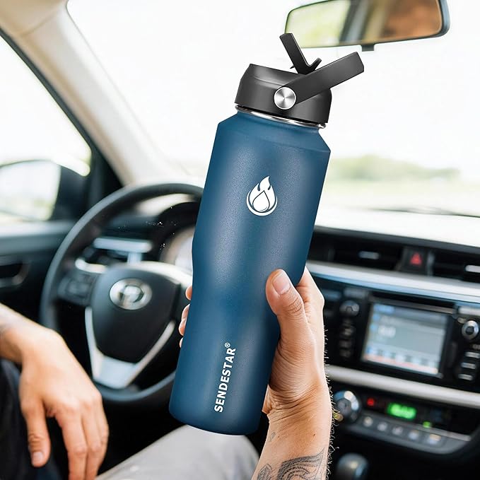 SENDESTAR Water Bottle 32oz,Wide Mouth Stainless Steel Vacuum Insulated Double Wall Keep Liquids Cold or Hot All Day,Sweat Proof Sport Design,Fit Car Cup Holder,2 Lids(Straw and Spout lid)(Cobalt)