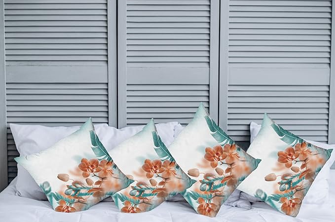 Ambesonne Tropical Throw Pillow Cushion Case Pack of 4, Exotic Orchids Blossom Leaves on Blurred Background Floral Themed Modern Art, Modern Accent Double-Sided Digital Printing, 16", Orange Teal