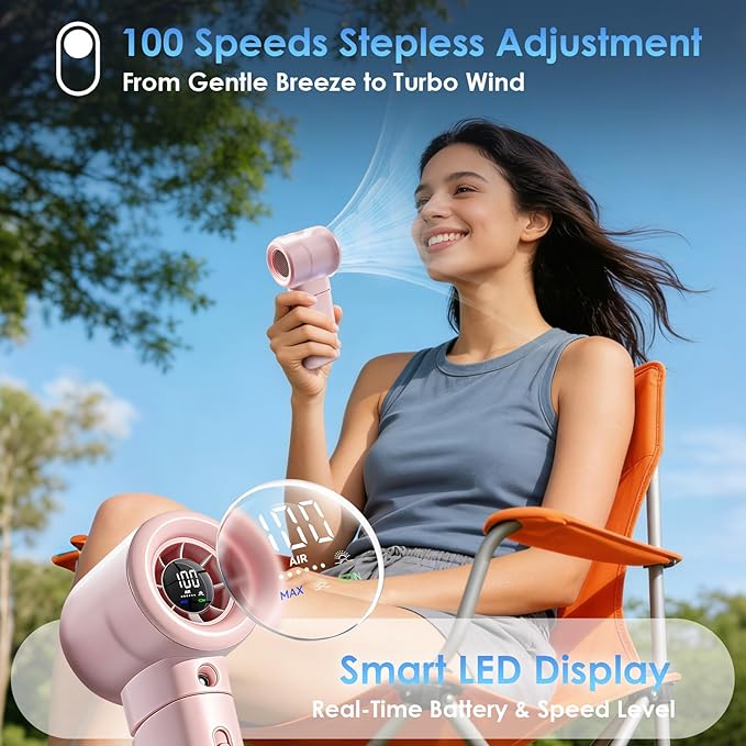 Portable Misting Fan Handheld Powerful Turbo Fan, 100 Speeds, 6000mAh Rechargeable Battery, LED Display, Spray Mist Personal Mini Fan for Travel, Beach, Outdoor Camping (LightPink)