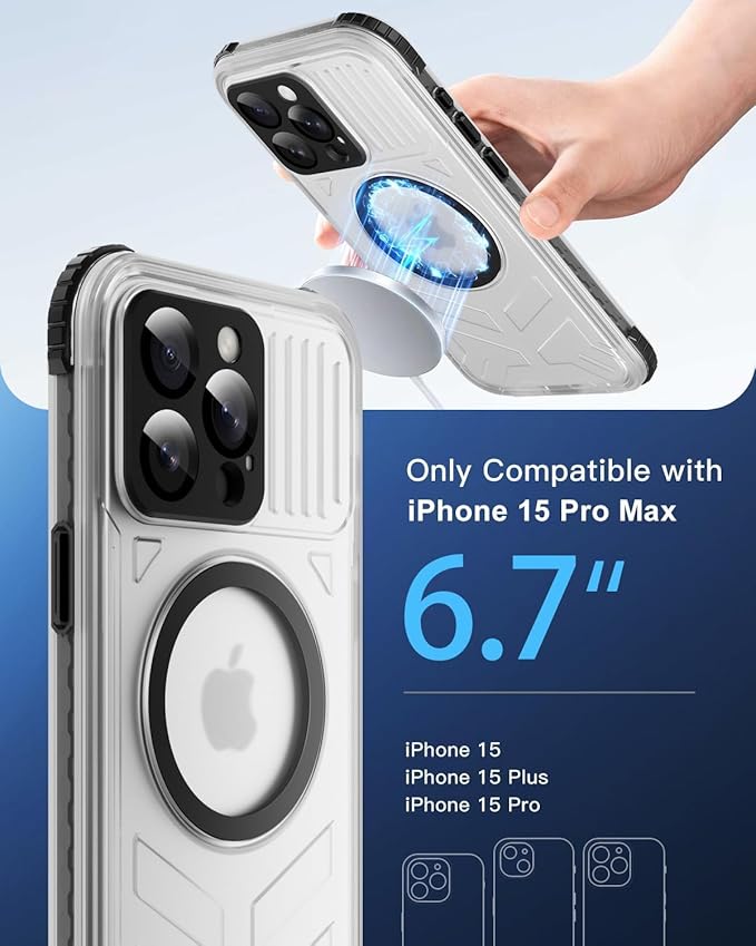 for iPhone 15 Pro Max Waterproof Case with Magsafe, Built-in [Camera & Screen Protector] [Lanyard], IP68 Water Proof Full Body Dustproof Heavy Duty Frosted Protective Phone Cover, 6.7" Black