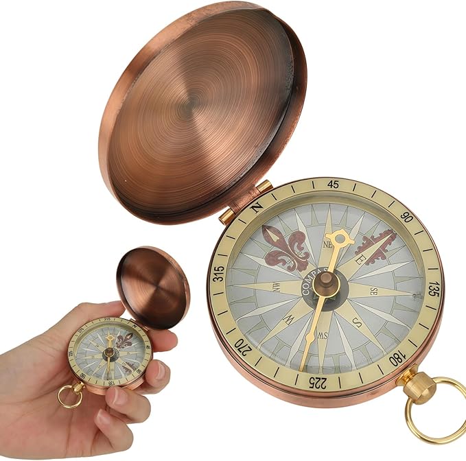 Pocket Compass, Antique Compass Pocket Watches, Copper Flip Cover Pockets Watch Compasses, Portable Camping Watch Flip Compasses for Camping Hiking Boating Backpacking
