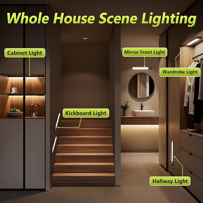 Mpotmiy Under Cabinet Lights with Digital Display,52 LED Rechargeable Motion Sensor Light Indoor,3 Color Temperatures, Magnetic Dimmable Closet Lights, Under Counter Light for Kitchen, Stairs,2-Pack