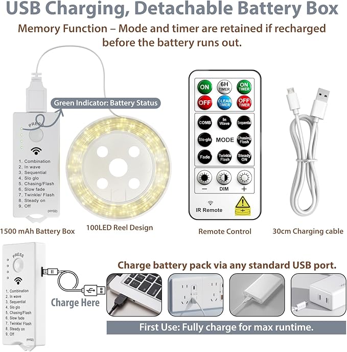 HXWEIYE Rechargeable Fairy Lights with Remote & DIY Timer, 33ft 100LED Battery Operated Twinkle String Lights, 8 Modes Decor Light for Bedroom Indoor Wedding Dorm Christmas Tree Party (White)
