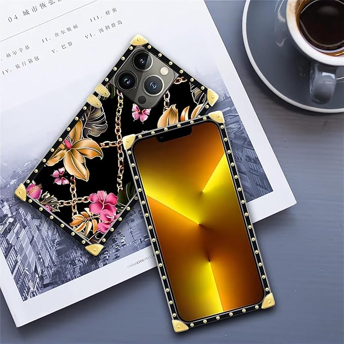 Compatible with iPhone 13 Pro Case, Pink Golden Chain Tropical Flower Luxury Golden Decoration for Girl Women Soft TPU Shockproof Protective Hard PC Back for iPhone 13 Pro