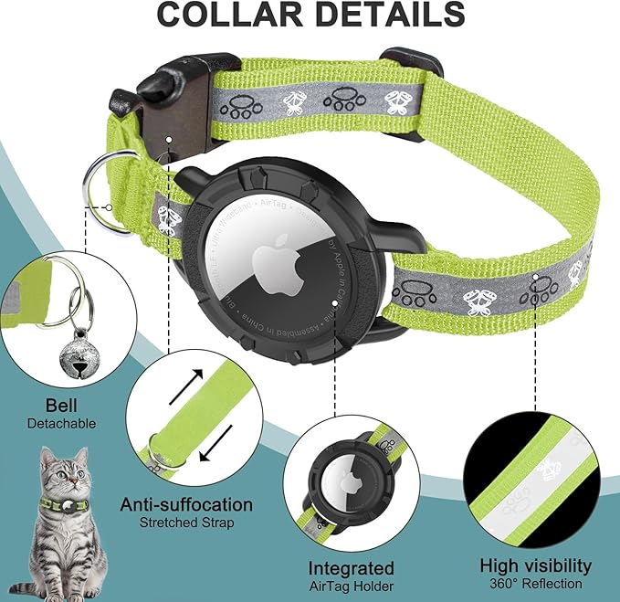 Reflective AirTag Cat Collar, Integrated Cat Tracker Collar with Air Tag Holder and Bell, Safety Elastic Band Cat GPS Collars for Girl Boy Cats, Kittens and Puppies (Olive,XS)
