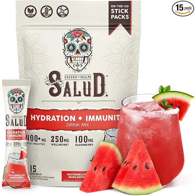 Salud 2-in-1 Hydration Packets + Immunity Electrolytes Powder, Watermelon Margarita - Agua Fresca Drink Mix, Elderberry, Dairy & Soy Free, Non-GMO, Gluten Free, Vegan, 1g Sugar (15 Servings)