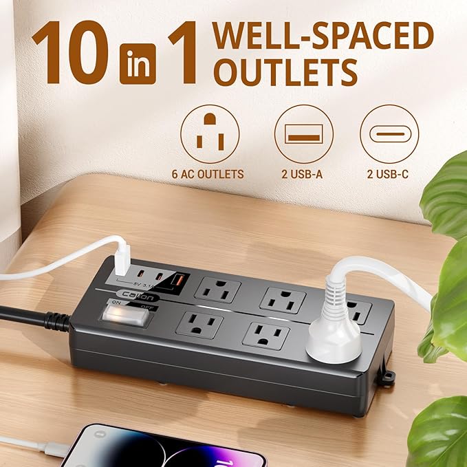 6FT Outdoor Waterproof Power Strip Surge Protector with 6AC Outlets 4USB Ports Power Switch Safety Lock, ETL Certified for Patio Garden Charging