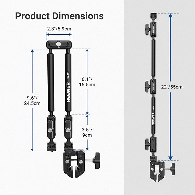 NEEWER Basics Magic Arm Table Stand, 55 cm Microphone Arm Overhead Mobile Phone Holder Desk with 1/4" 3/8" Threads for ARRI, for DSLR Action Cam Webcam Mic LED Light for Video Reinforcement, UA061