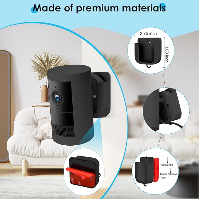 No Drill Wall Mount for Ring Outdoor Cam Plus, Easy Installation with Strong Adhesive Tape or Screws, Indoor Camera Mount for Ring Camera, 2Pack, Black