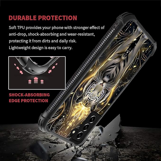 for Samsung Galaxy S22 Case, White Tiger Golden Mystery Pattern Graphic Design Girl Boy Soft Silicone Hard Acrylic Shock Protection for Samsung Galaxy S22