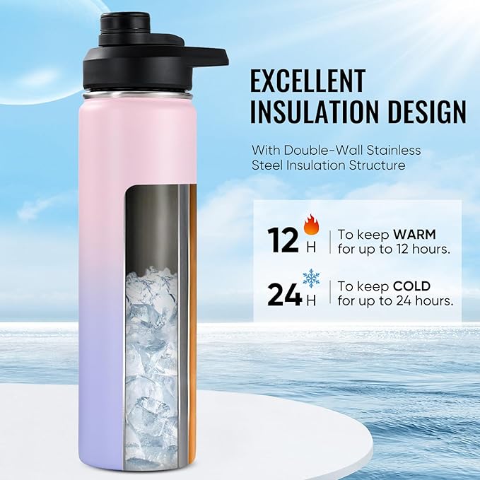 Fijinhom 24 oz Insulated Water Bottle with Handle, 304 Stainless Steel Water Bottles with Wide Mouth, Double Wall Vacuum Sports Water Bottle, BPA Free, Keep Cold and Hot, Pink/Purple