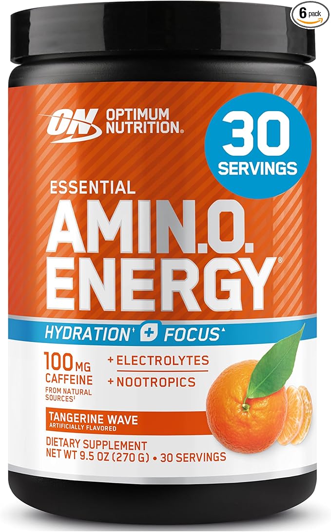 Optimum Nutrition Amino Energy Powder Plus Hydration, with BCAA, Electrolytes, and Caffeine, Tangerine Wave, 30 Servings (Packaging May Vary) (Pack of 6)