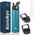 Konokyo 22oz Stainless Steel Bottles with 3 Lids Sport Insulated Water Bottle,Light Blue
