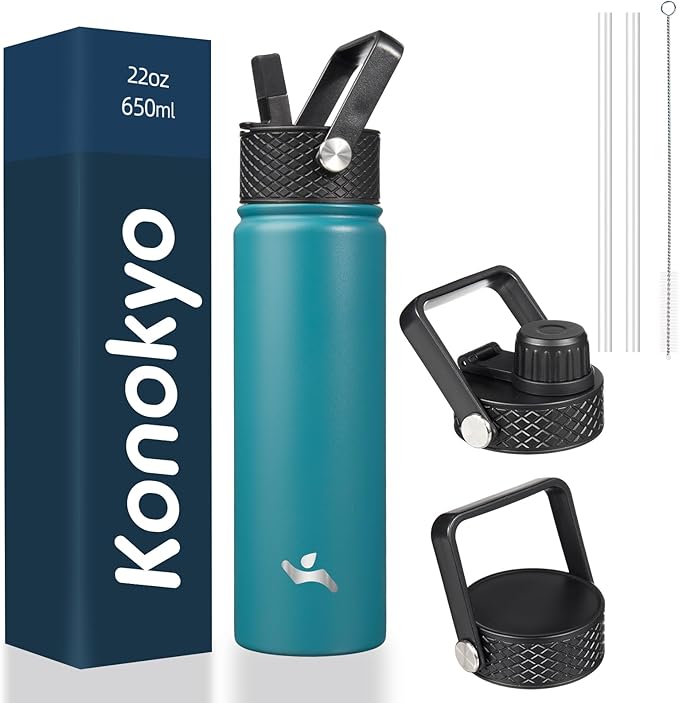 Konokyo 22oz Stainless Steel Bottles with 3 Lids Sport Insulated Water Bottle,Light Blue