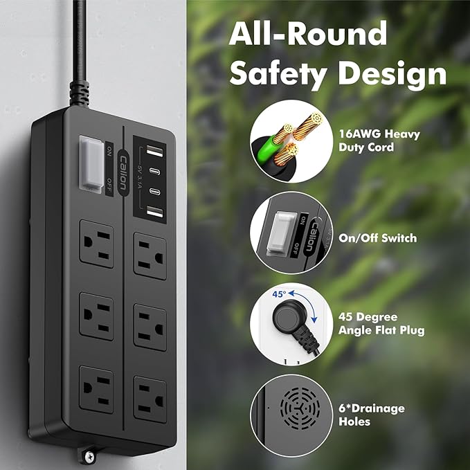 10FT Outdoor Waterproof Power Strip Surge Protector with 6AC Outlets 4USB Ports Power Switch Safety Lock, ETL Certified for Patio Garden Charging