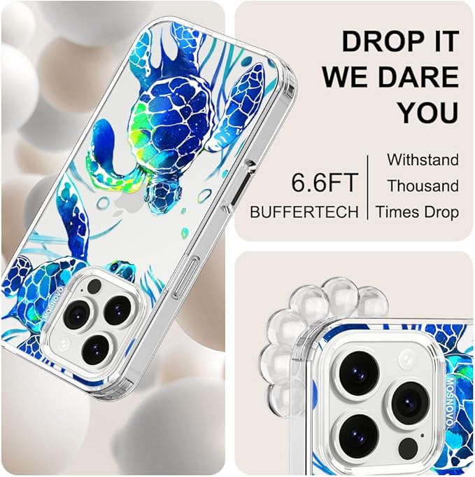 MOSNOVO Case for iPhone 16 Pro Max, [Buffertech 6.6ft Military-Grade Drop Protection] [Anti Peel Off Tech] Clear TPU Bumper Phone Case Cover Design - Sea Turtles